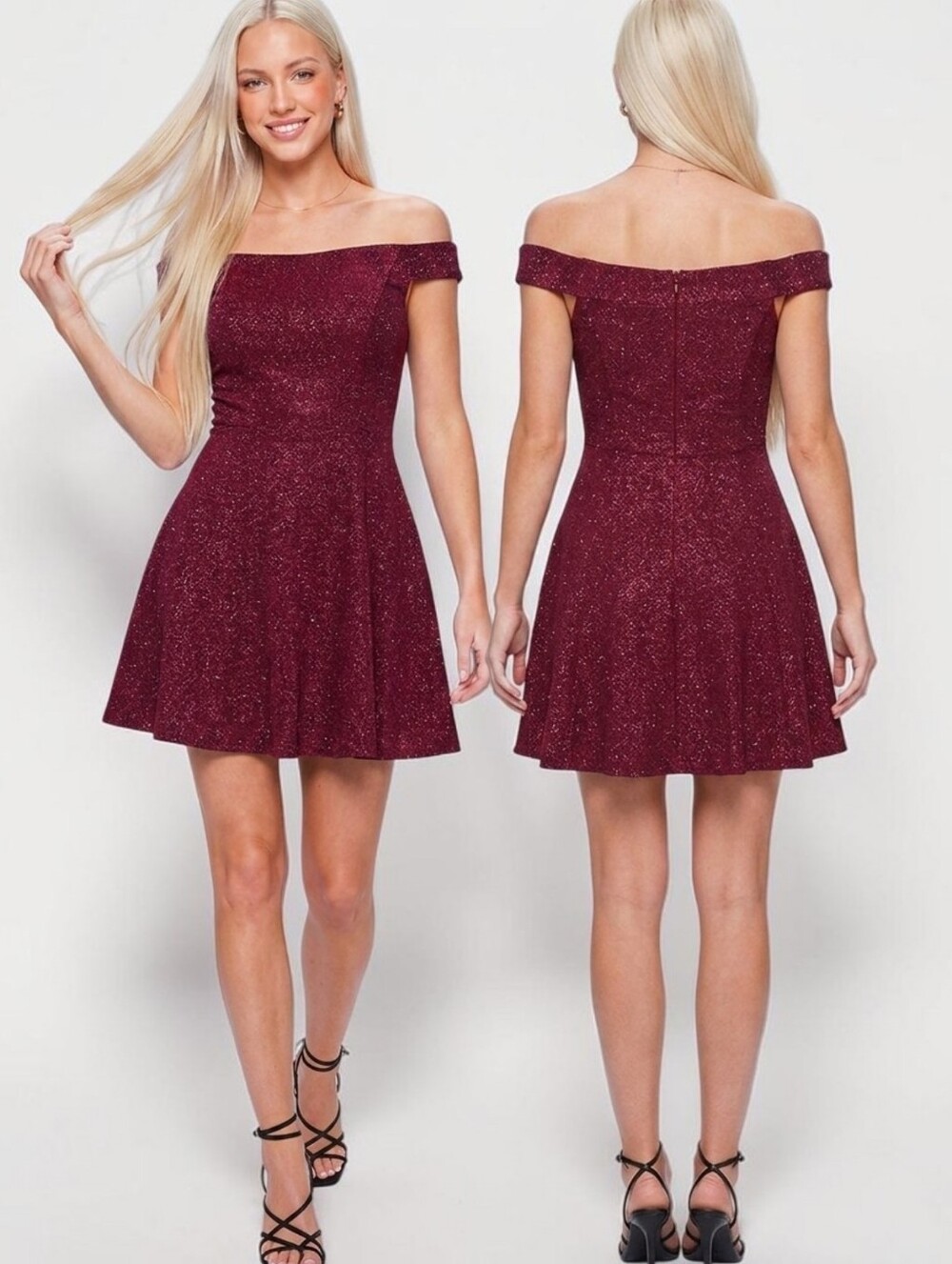 BETSY & ADAM Burgundy Off-the-Shoulder Glitter Mini Cocktail Dress - Size 6